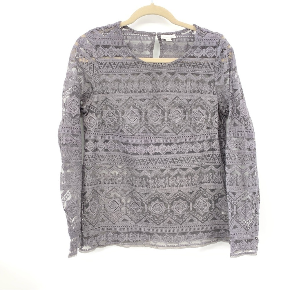 Garnet Hill Women Size Small‎ Top Long Sleeve Blouse Gray Sheer Lace Embroidered